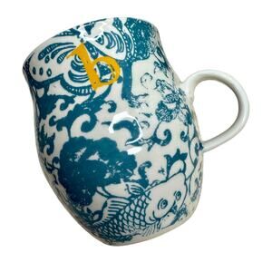 ANTHROPOLOGIE Homegrown Monogram “B” Blue Butterflies Koi Coffee Mug Teal White